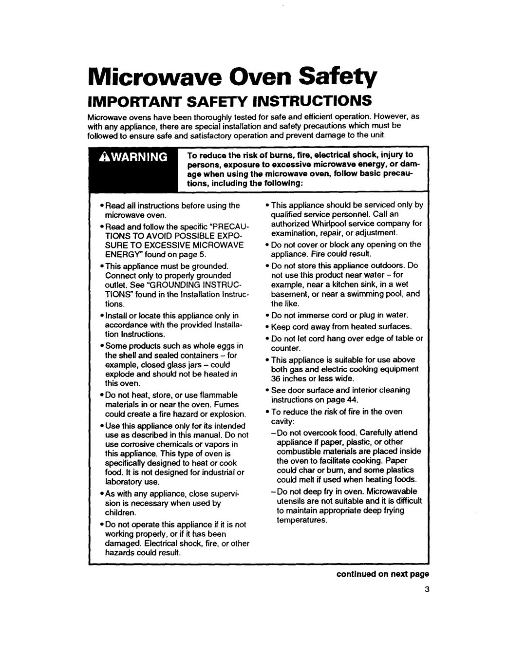 Whirlpool MH7115XB warranty Important Safety Instructions, Microwave Oven Safety 
