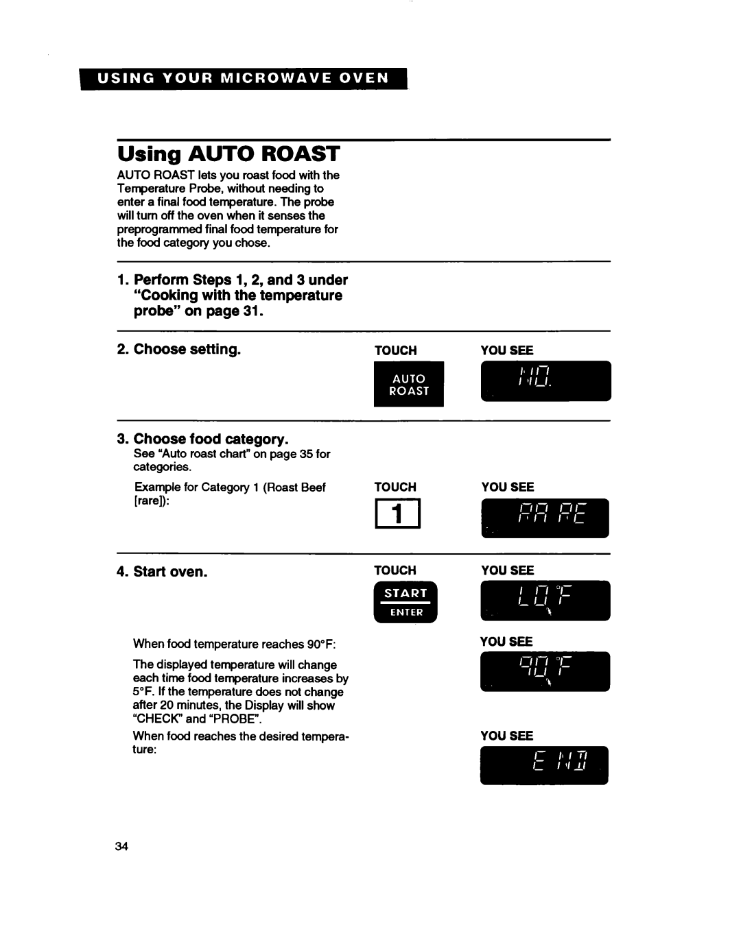 Whirlpool MH7115XB warranty Using AUTO ROAST, Choose setting 3.Choose food category, Start oven 