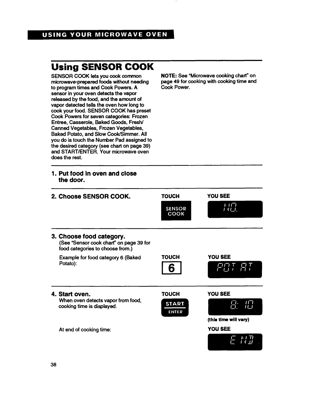 Whirlpool MH7115XB Using SENSOR COOK, Choose SENSOR COOK 3.Choose food category, Put food in oven and close the door 