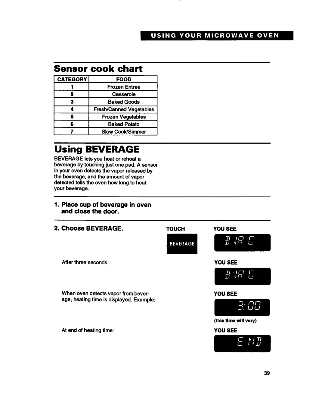 Whirlpool MH7115XB warranty Sensor cook chart, Using BEVERAGE, Choose BEVERAGE, thlr time will vary, Touch 