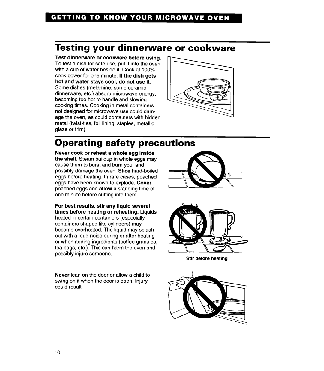 Whirlpool MH7130XE warranty Testing your dinnerware or cookware, Operating safety precautions, Stir before heating 