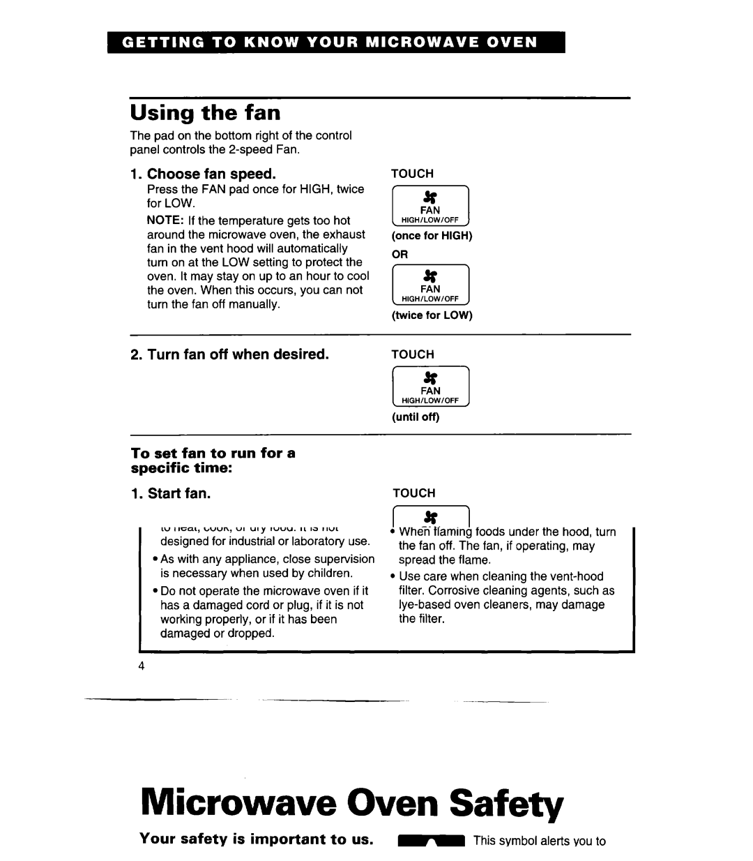 Whirlpool MH7130XE warranty Using the fan, Choose fan speed, Turn fan off when desired 