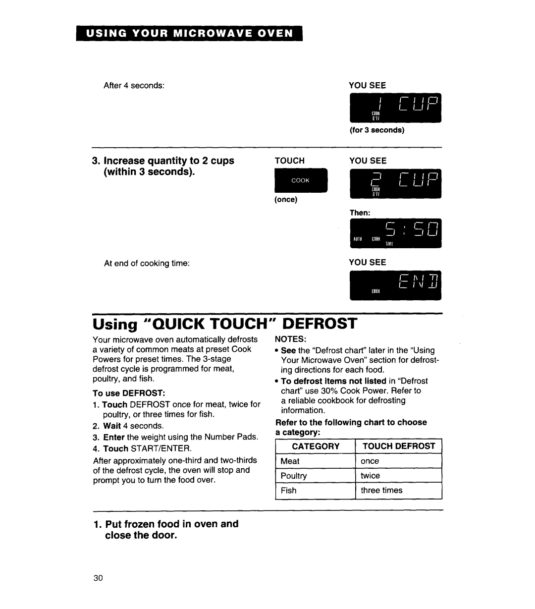 Whirlpool MH7130XE warranty Quantity to 2 cups, Within Seconds, Put frozen food in oven and close the door 