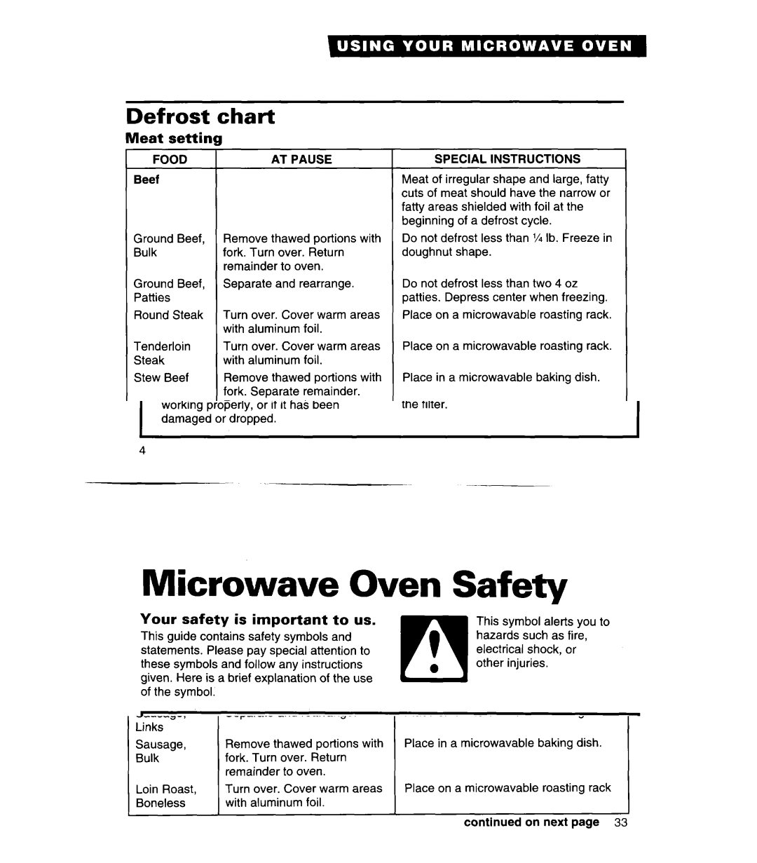 Whirlpool MH7130XE warranty Defrost chart, Meat setting, Beef, Lamb, Pork 