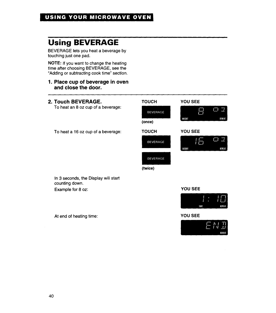 Whirlpool MH7130XE warranty Using Beverage 