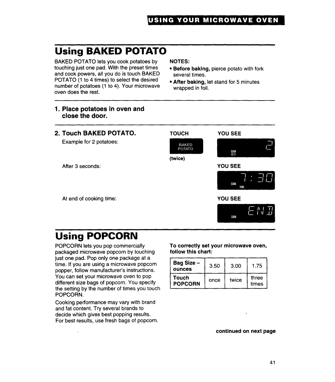 Whirlpool MH7130XE warranty Using Baked Potato, Using Popcorn, Place potatoes in oven and close the door Touch, Miml 