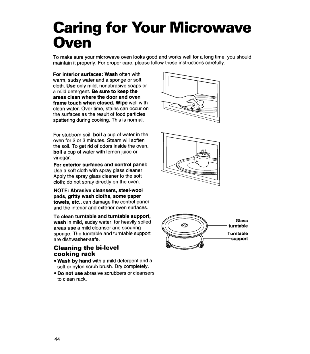 Whirlpool MH7130XE 6venY, Cleaning the bi-level cooking rack, For exterior surfaces and control panel, Glass Turntable 