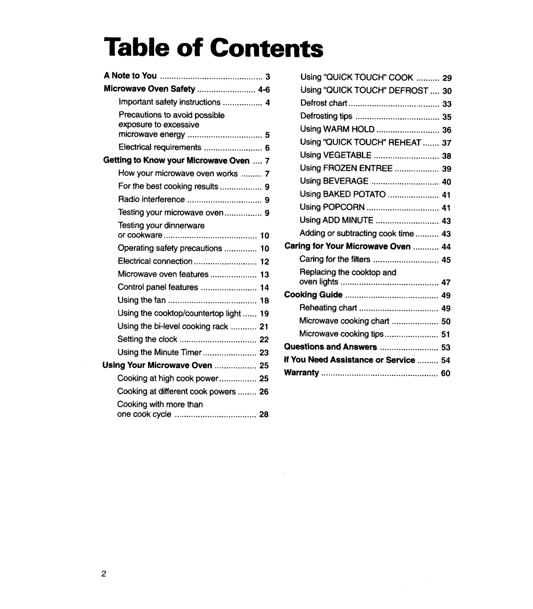 Whirlpool MH7130XE warranty Table of Contents 