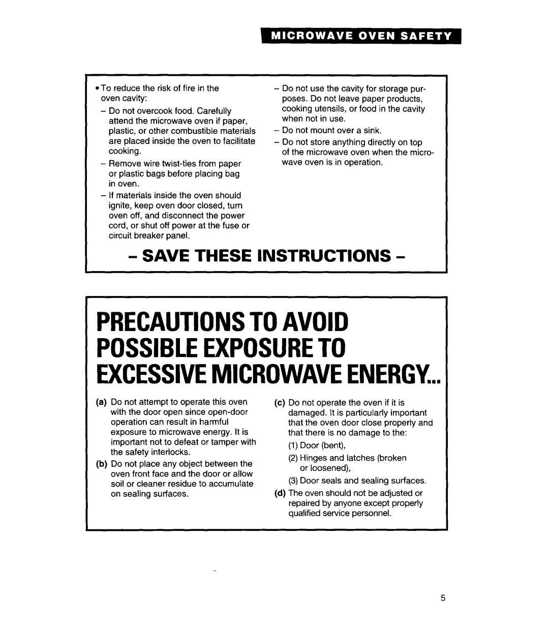 Whirlpool MH7130XE warranty Precautionstoavoid, Possibleexposureto Excessivemicrowaveenergy, Save These Instructions 