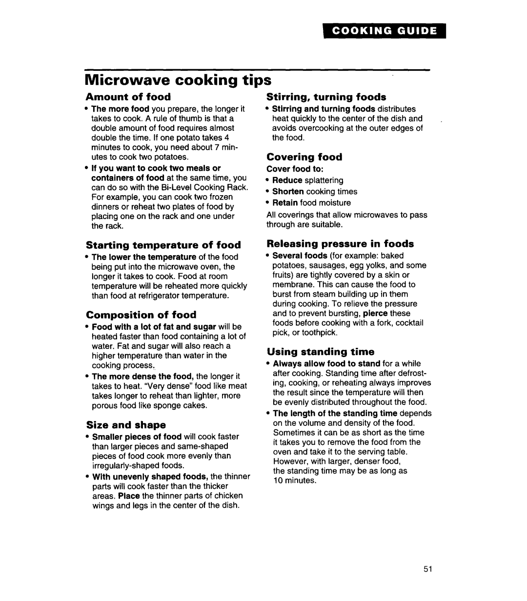 Whirlpool MH7130XE Microwave cooking tips, Amount of food, Stirring, turning foods, Covering food, Composition of food 