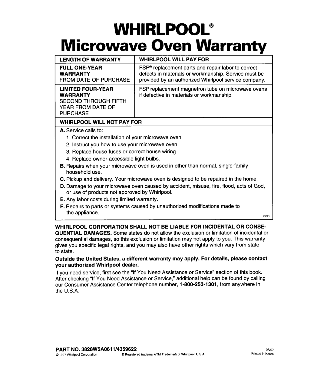 Whirlpool MH7130XE Whirlpool@, LENGTHOFWARRANTY 1 WHIRLPOOL WILL PAY FOR, Full One-Year, Warranty, Limited Four-Year 