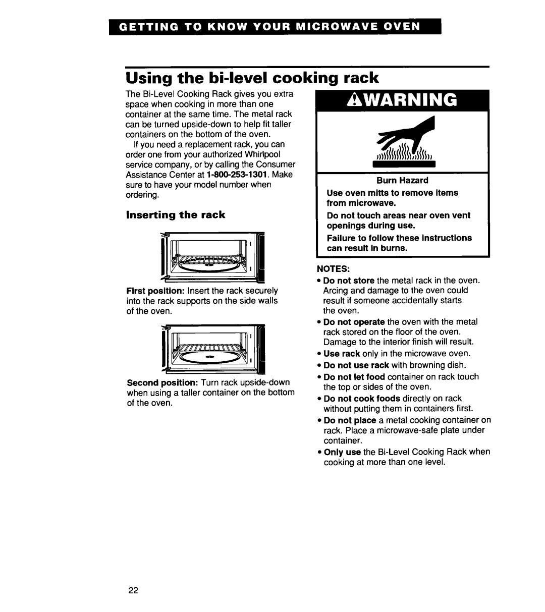 Whirlpool MH7135XE warranty Using the bi-level cooking rack, Inserting the rack 