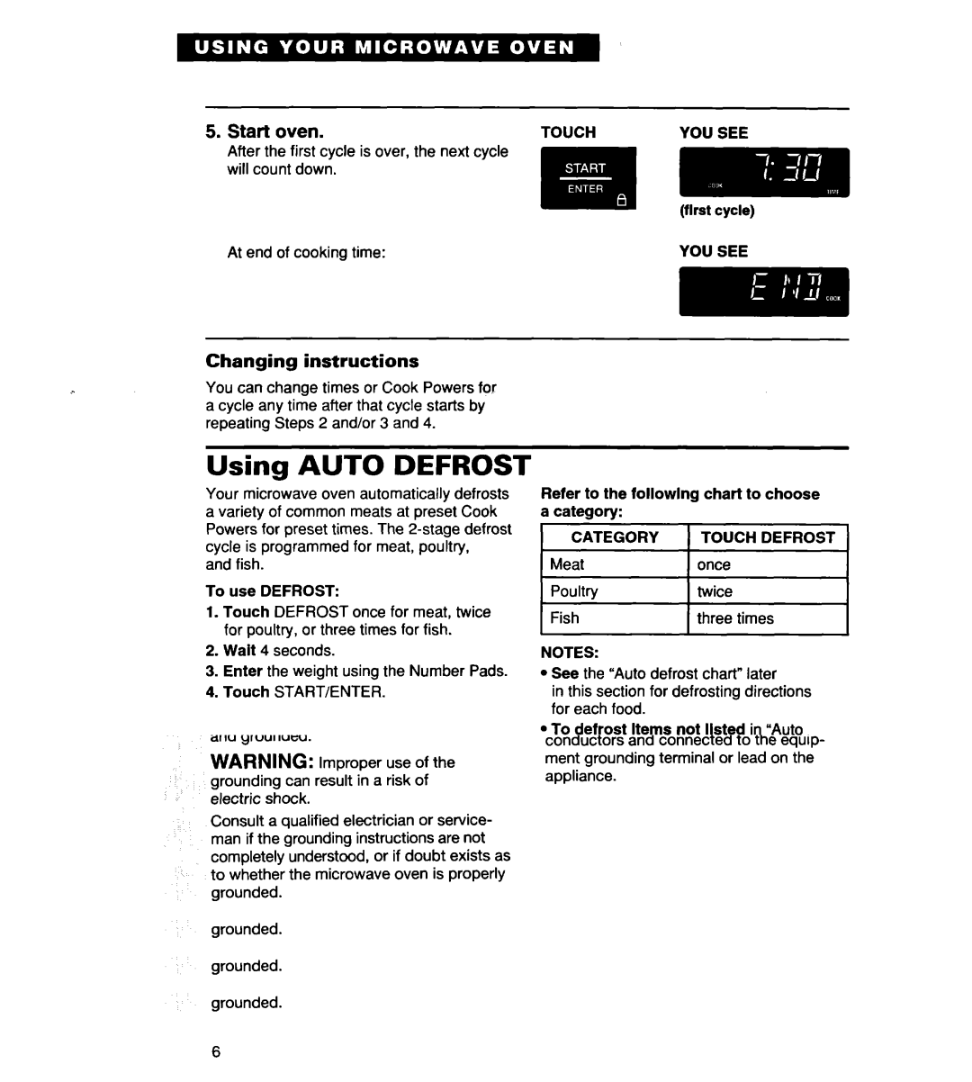 Whirlpool MH7135XE warranty Using Auto Defrost, Put frozen food in oven and close the door, Category Touch Defrost 