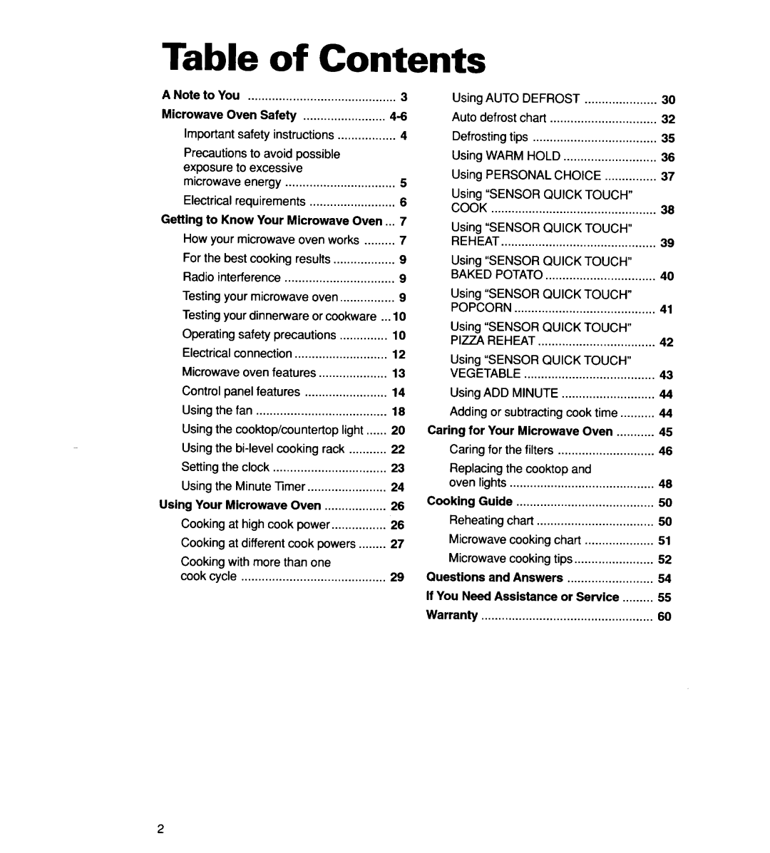 Whirlpool MH7135XE warranty Table of Contents 