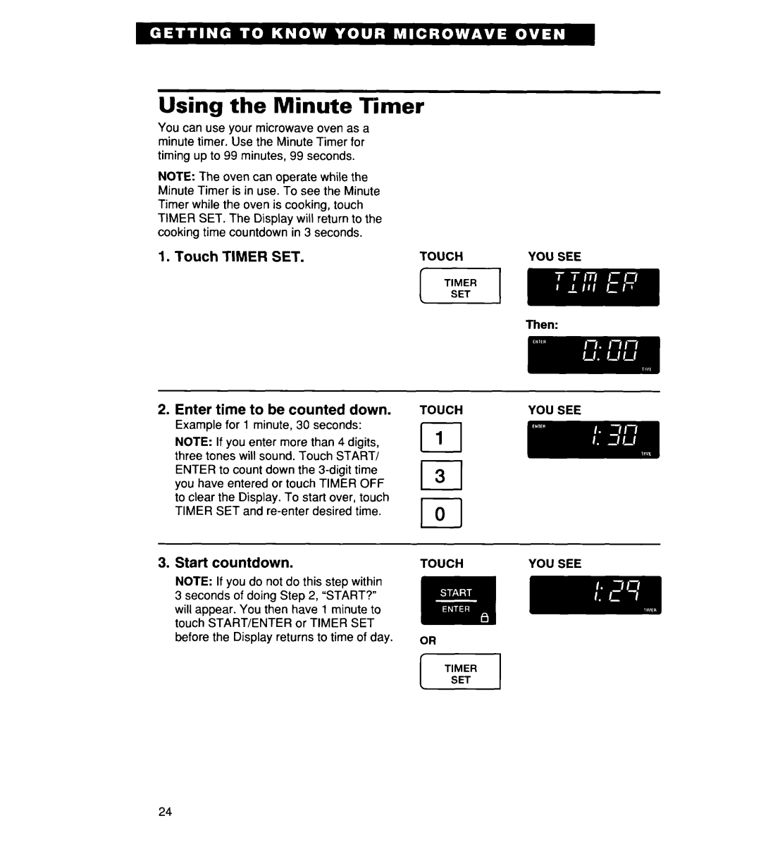 Whirlpool MH7135XE warranty Using the Minute Timer, Touch TIMER SET, Enter time to be counted down, Start countdown 