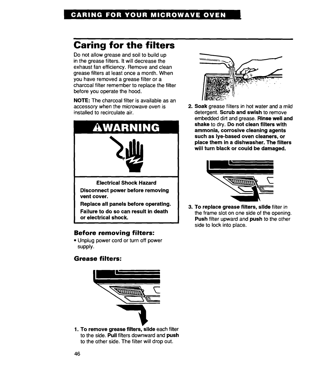 Whirlpool MH7135XE warranty Caring for the filters, Before removing filters, Grease filters 