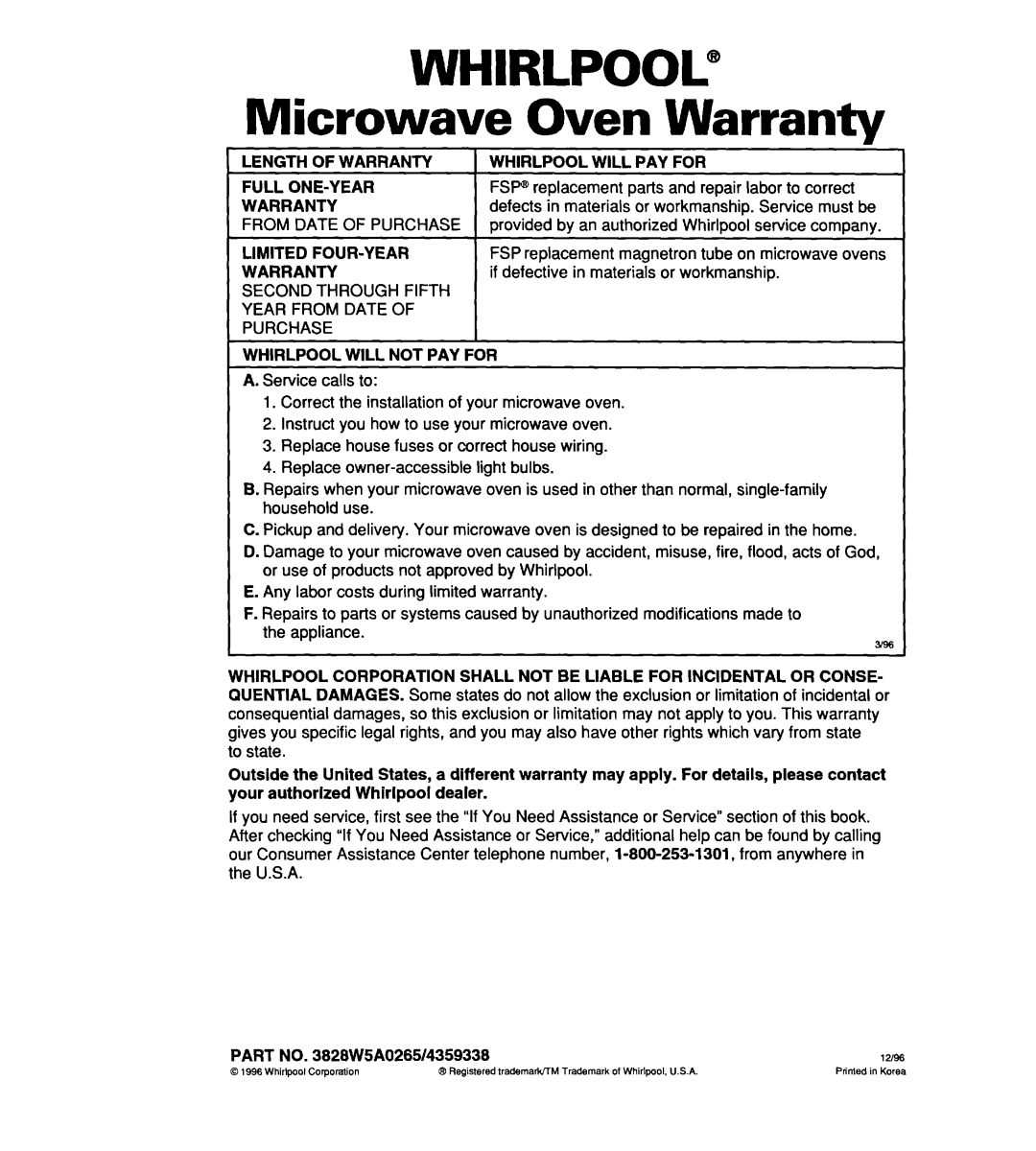 Whirlpool MH7135XE warranty WHIRLPOOL@ Microwave Oven Warranty 
