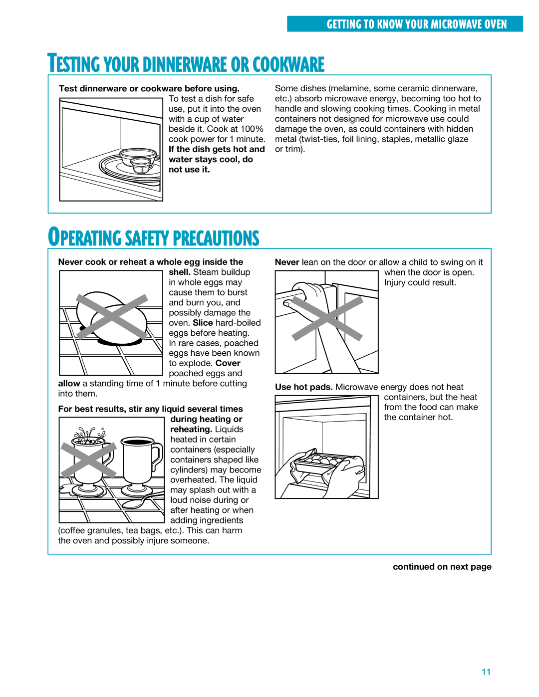 Whirlpool YMH7140XF installation instructions Operating Safety Precautions, Testing Your Dinnerware or Cookware 