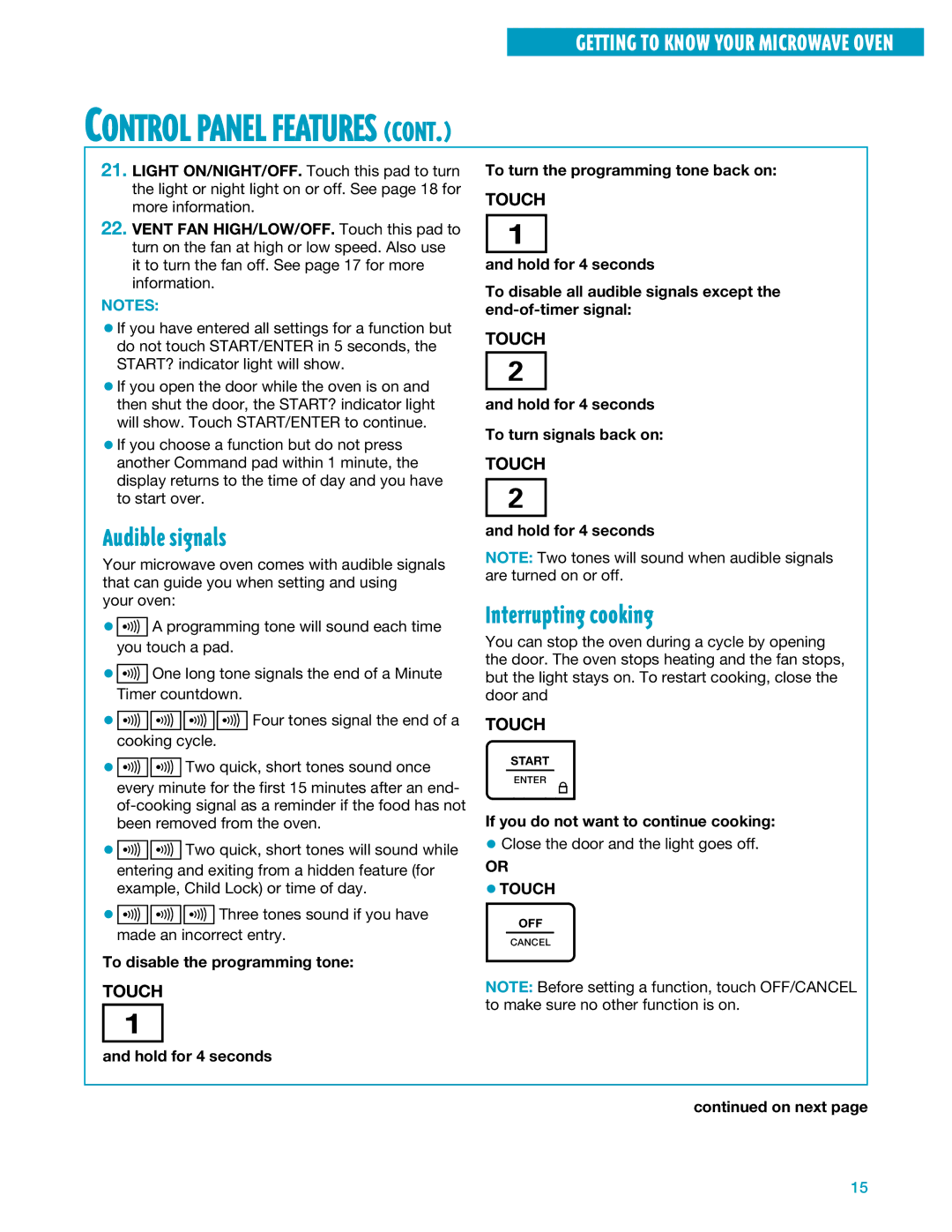 Whirlpool YMH7140XF installation instructions Audible signals, Interrupting cooking, Touch 