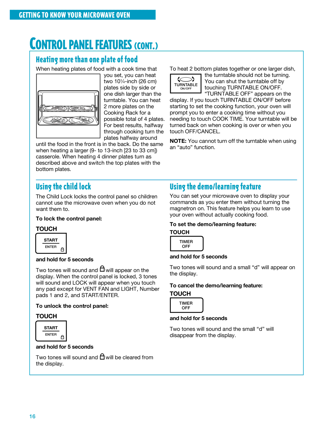 Whirlpool YMH7140XF installation instructions Using the child lock, Using the demo/learning feature 