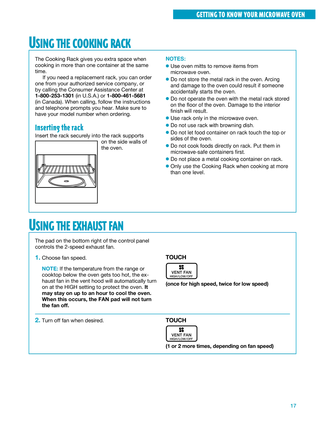 Whirlpool YMH7140XF installation instructions Using the Cooking Rack, Using the Exhaust FAN, Inserting the rack 