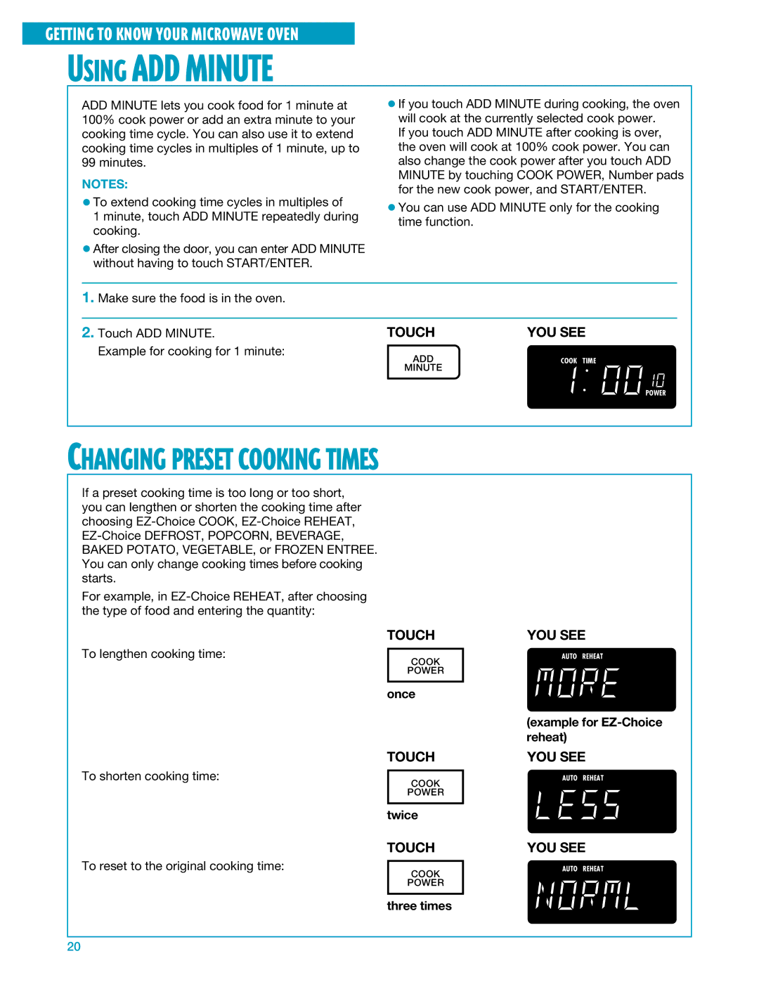 Whirlpool YMH7140XF installation instructions Using ADD Minute, Changing Preset Cooking Times 