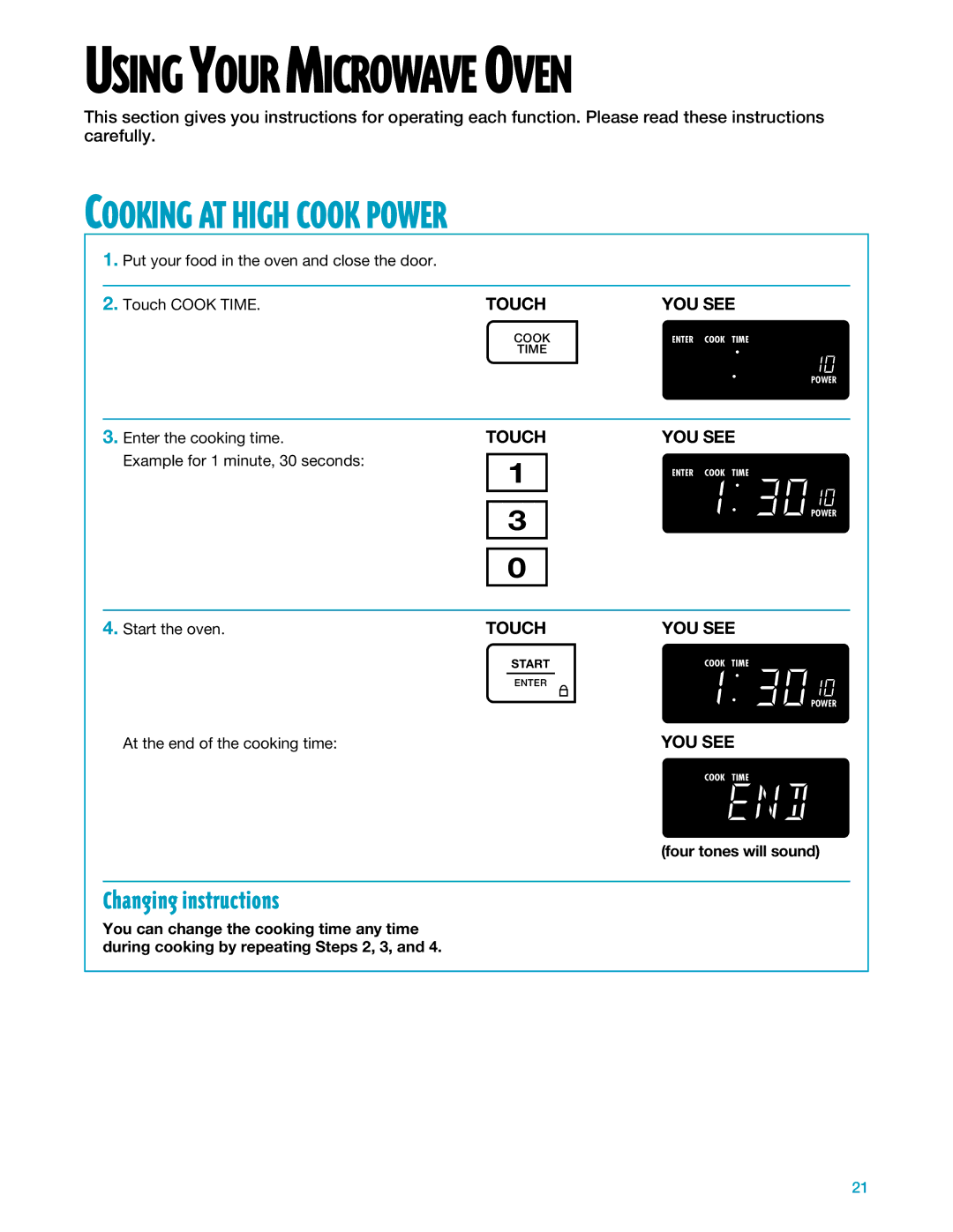 Whirlpool YMH7140XF installation instructions Cooking AT High Cook Power, Changing instructions, Four tones will sound 