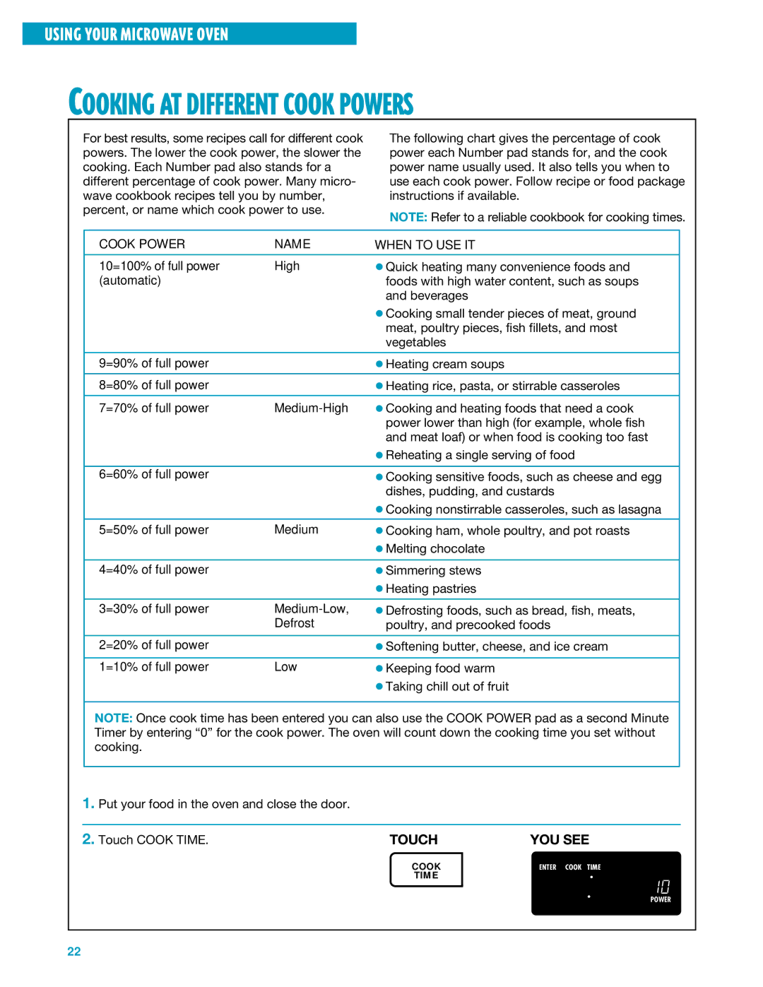 Whirlpool YMH7140XF installation instructions Cooking AT Different Cook Powers 