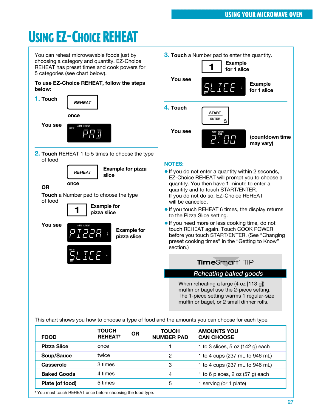 Whirlpool YMH7140XF Using EZ-CHOICEREHEAT, Reheating baked goods, Touch Amounts YOU Food Reheat † Number PAD Can Choose 