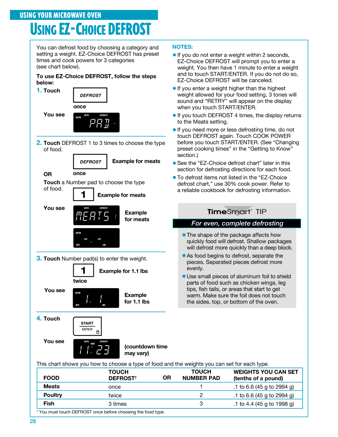 Whirlpool YMH7140XF installation instructions Using EZ-CHOICEDEFROST, For even, complete defrosting 