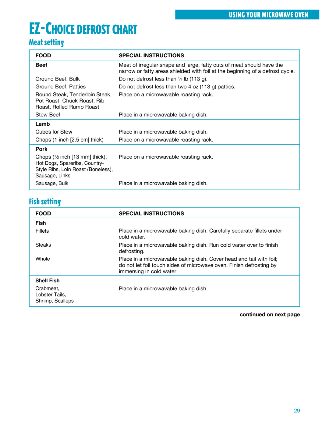 Whirlpool YMH7140XF installation instructions Meat setting, Fish setting, Food Special Instructions, Beef 