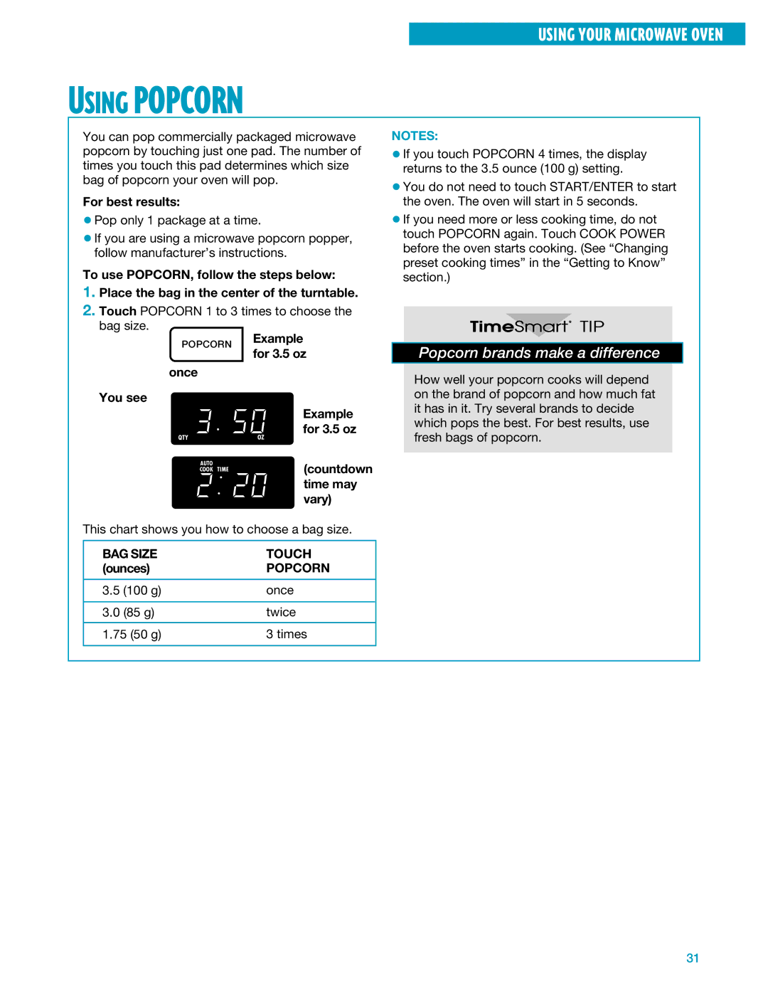 Whirlpool YMH7140XF installation instructions Using Popcorn, Popcorn brands make a difference, BAG Size Touch 