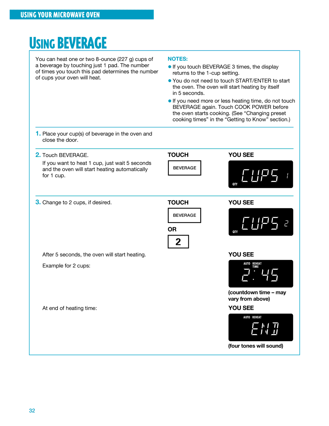 Whirlpool YMH7140XF installation instructions Using Beverage, Countdown time may vary from above 