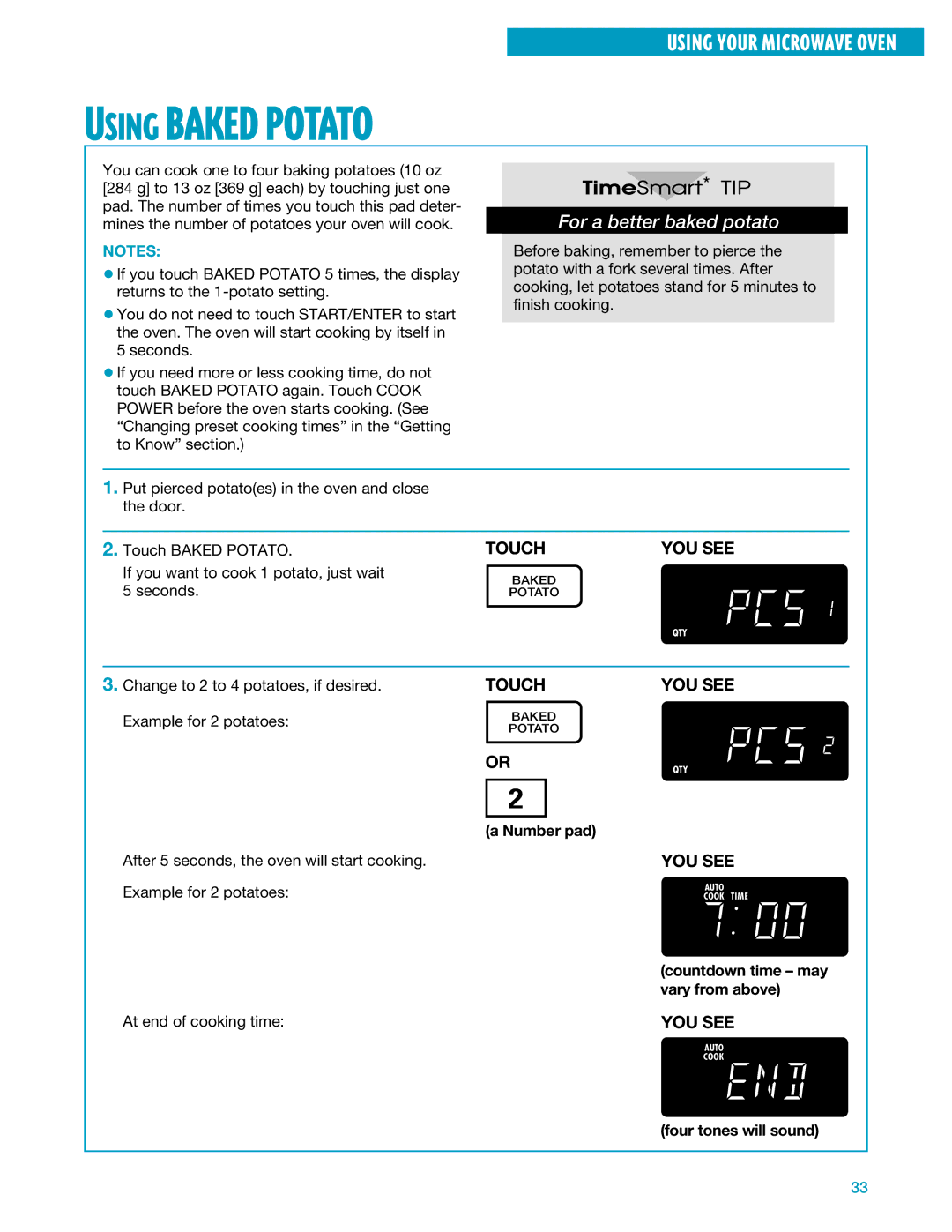 Whirlpool YMH7140XF Using Baked Potato, For a better baked potato, Change to 2 to 4 potatoes, if desired, Number pad 