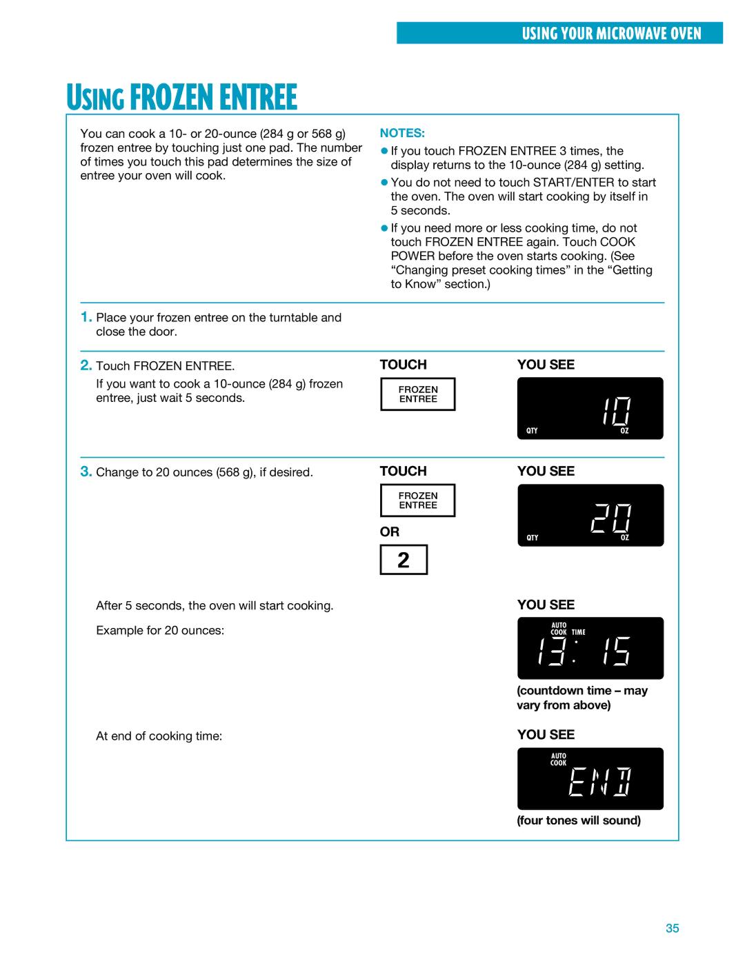 Whirlpool YMH7140XF installation instructions Using Frozen Entree 