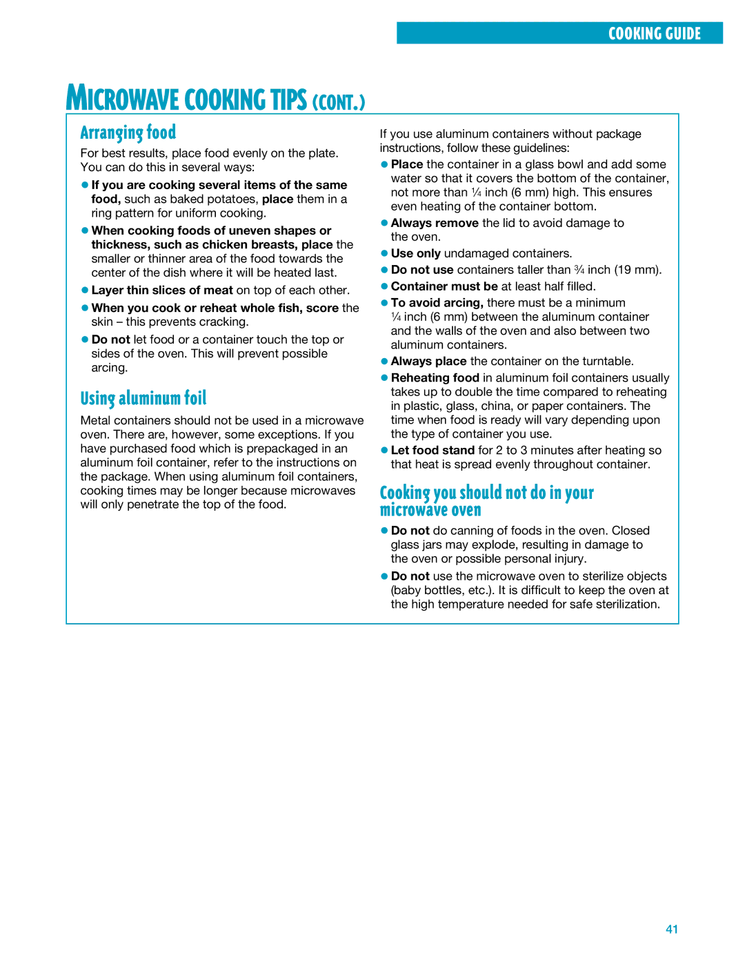 Whirlpool YMH7140XF installation instructions Microwave Cooking Tips, Arranging food, Using aluminum foil 