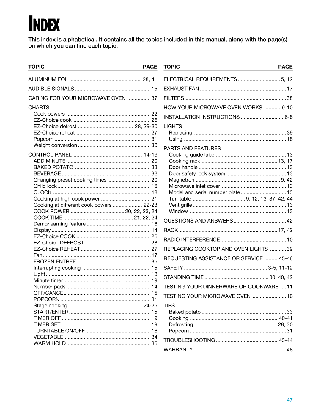 Whirlpool YMH7140XF installation instructions Index, Topic 