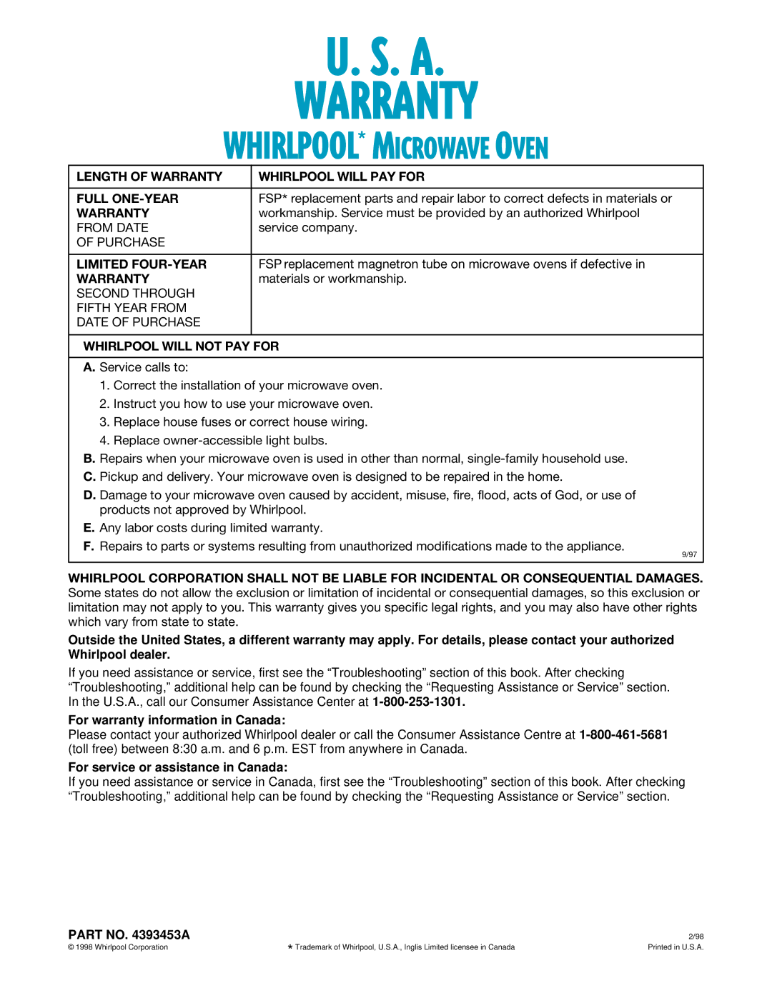 Whirlpool MH7140XF Length of Warranty Whirlpool will PAY for Full ONE-YEAR, Limited FOUR-YEAR, Whirlpool will not PAY for 