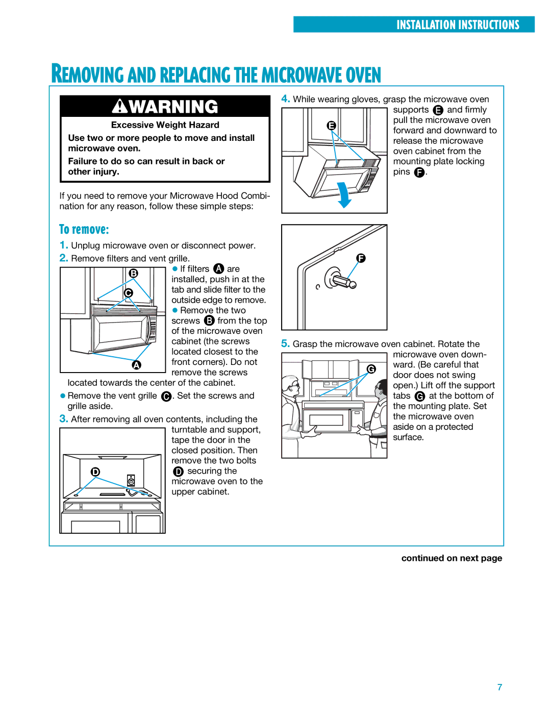 Whirlpool YMH7140XF installation instructions Removing and Replacing the Microwave Oven, To remove 