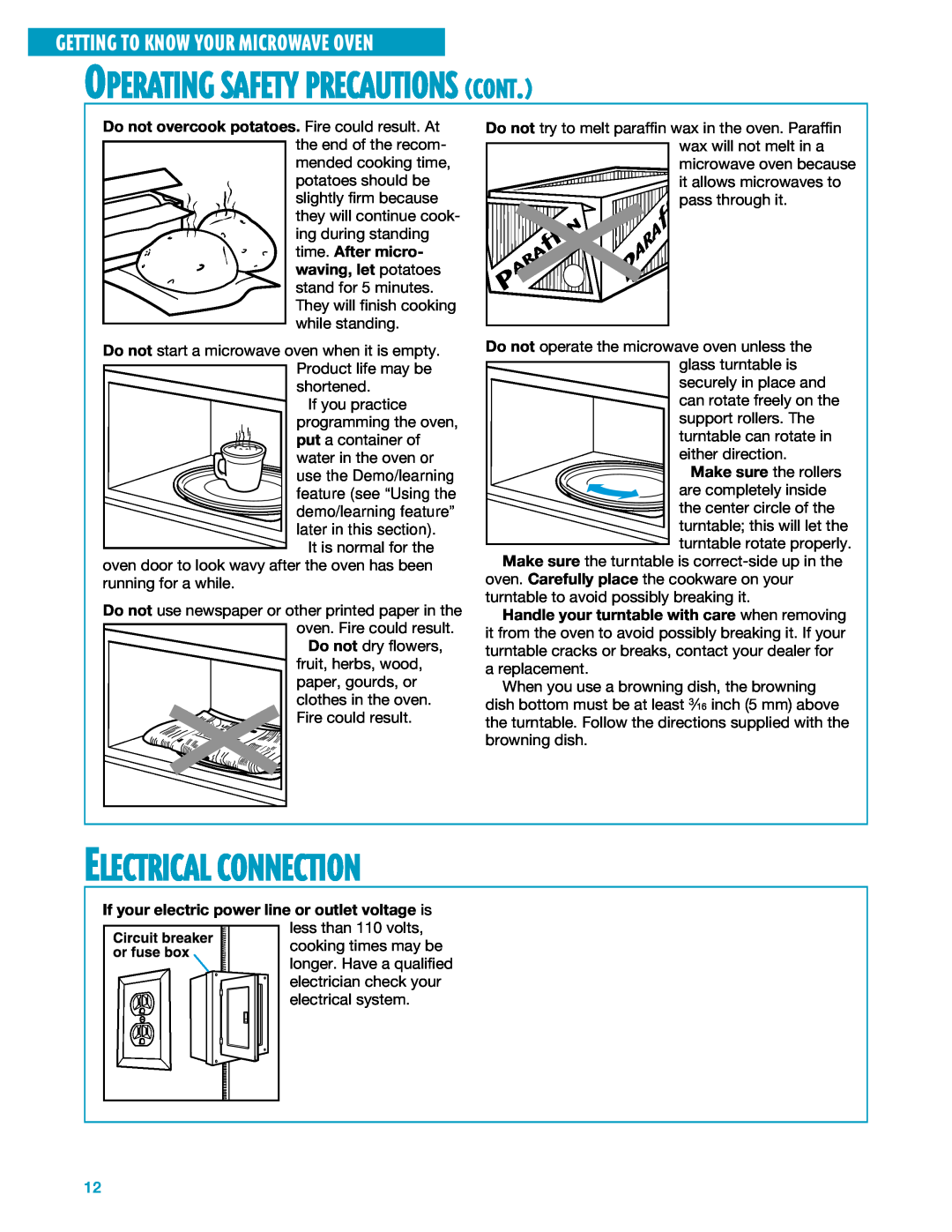 Whirlpool YMH7140XF Electrical Connection, Operating Safety Precautions Cont, time. After micro 