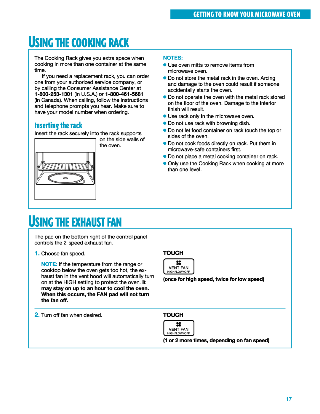 Whirlpool YMH7140XF installation instructions Using The Cooking Rack, Using The Exhaust Fan, Inserting the rack, Touch 