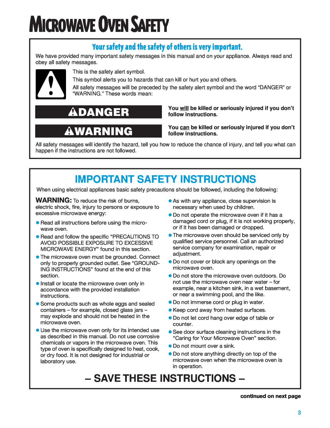 Whirlpool YMH7140XF wDANGER wWARNING, Important Safety Instructions, Save These Instructions, continued on next page 