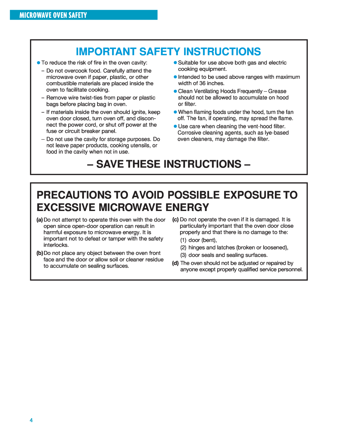 Whirlpool YMH7140XF Precautions To Avoid Possible Exposure To Excessive Microwave Energy, Microwave Oven Safety 