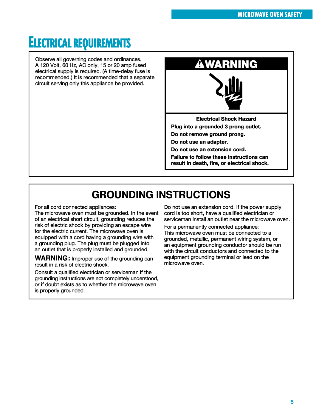 Whirlpool YMH7140XF Electrical Requirements, wWARNING, Grounding Instructions, Do not use an extension cord 