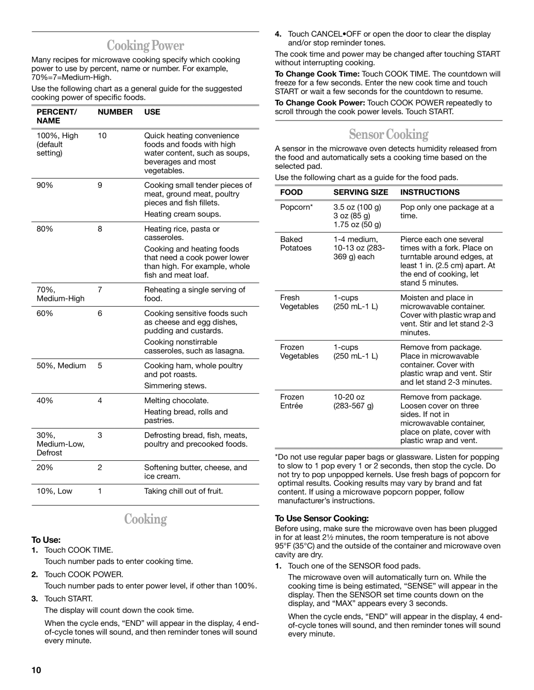 Whirlpool MH7155XM manual Cooking Power, To Use Sensor Cooking 