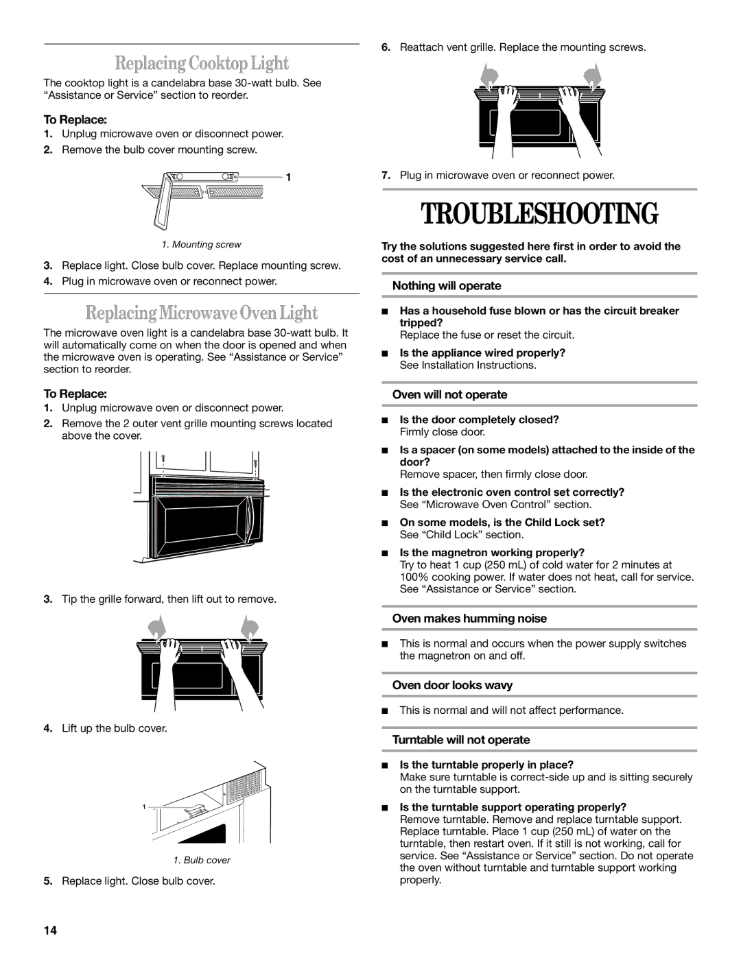 Whirlpool MH7155XM manual Troubleshooting, Replacing Cooktop Light, Replacing Microwave Oven Light 