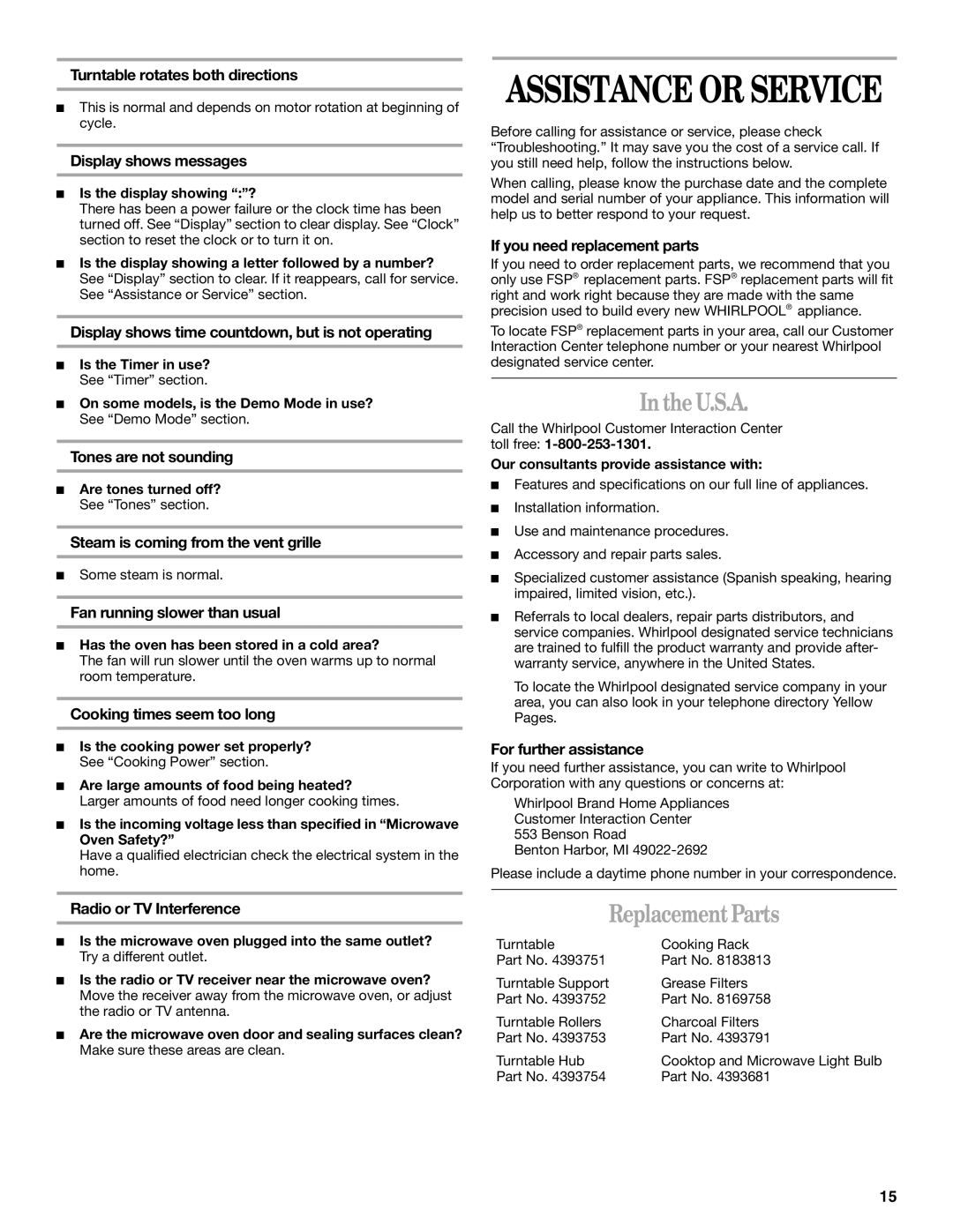 Whirlpool MH7155XM manual U.S.A, Replacement Parts 