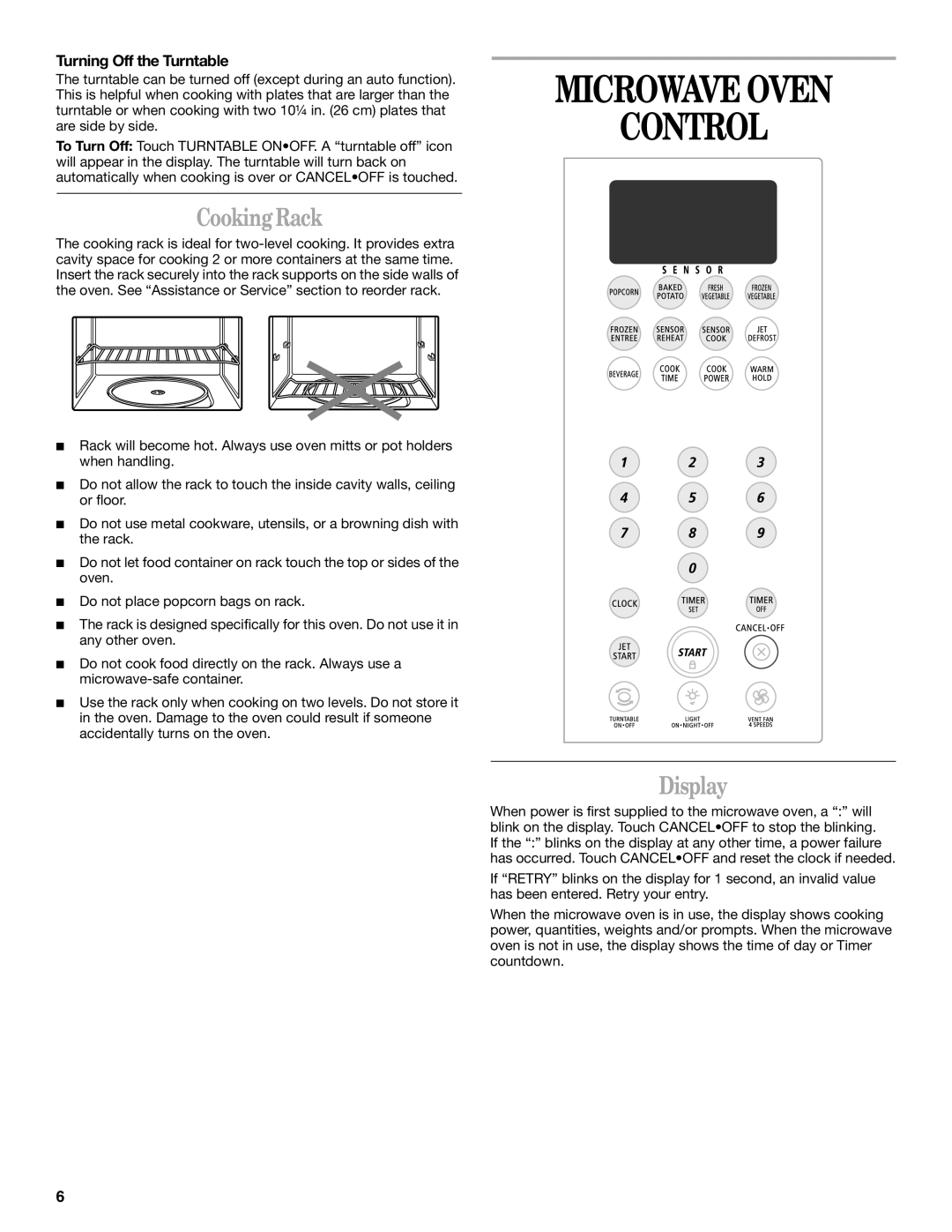 Whirlpool MH7155XM manual Microwave Oven Control, Cooking Rack, Display, Turning Off the Turntable 