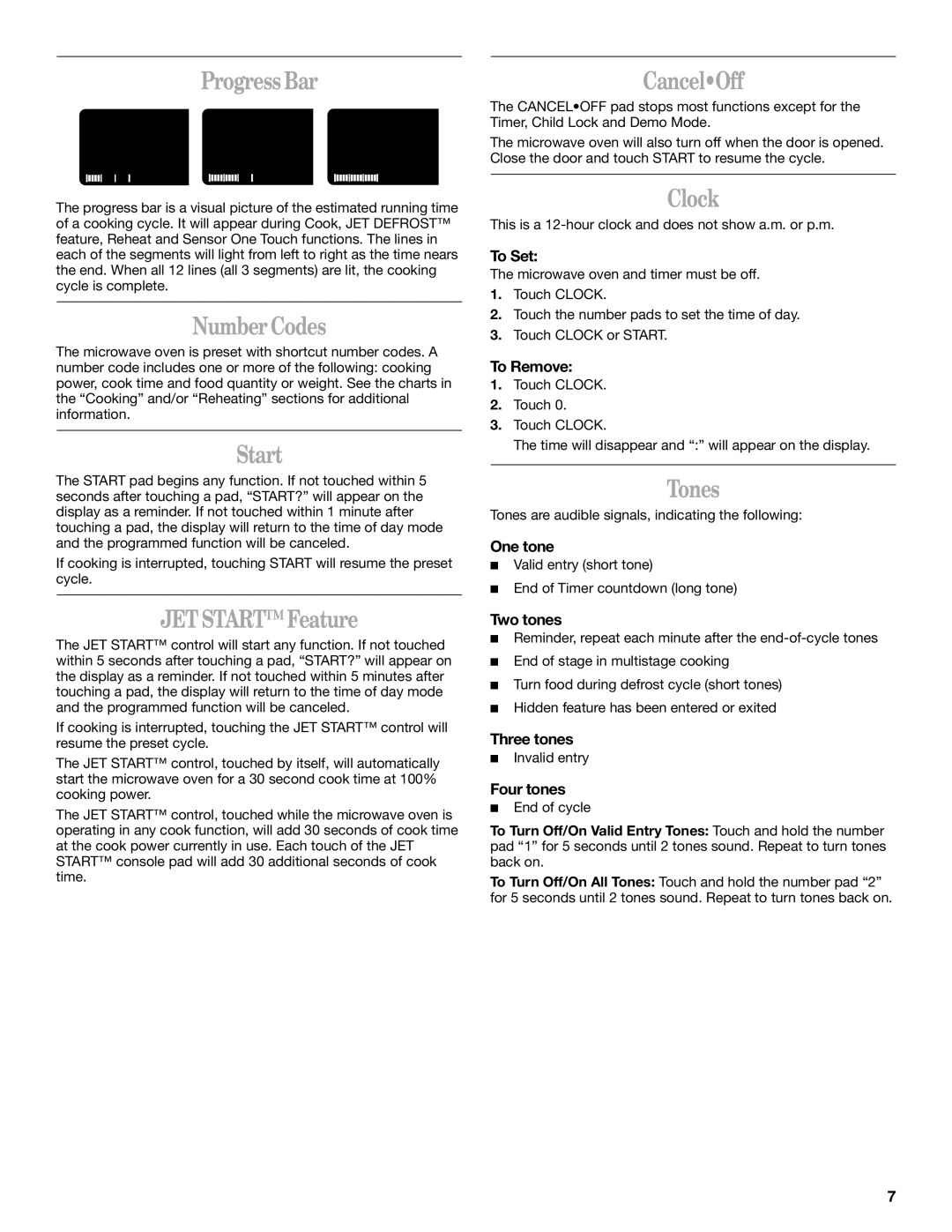 Whirlpool MH7155XM manual Progress Bar, Number Codes, JET Start Feature, CancelOff, Clock, Tones 