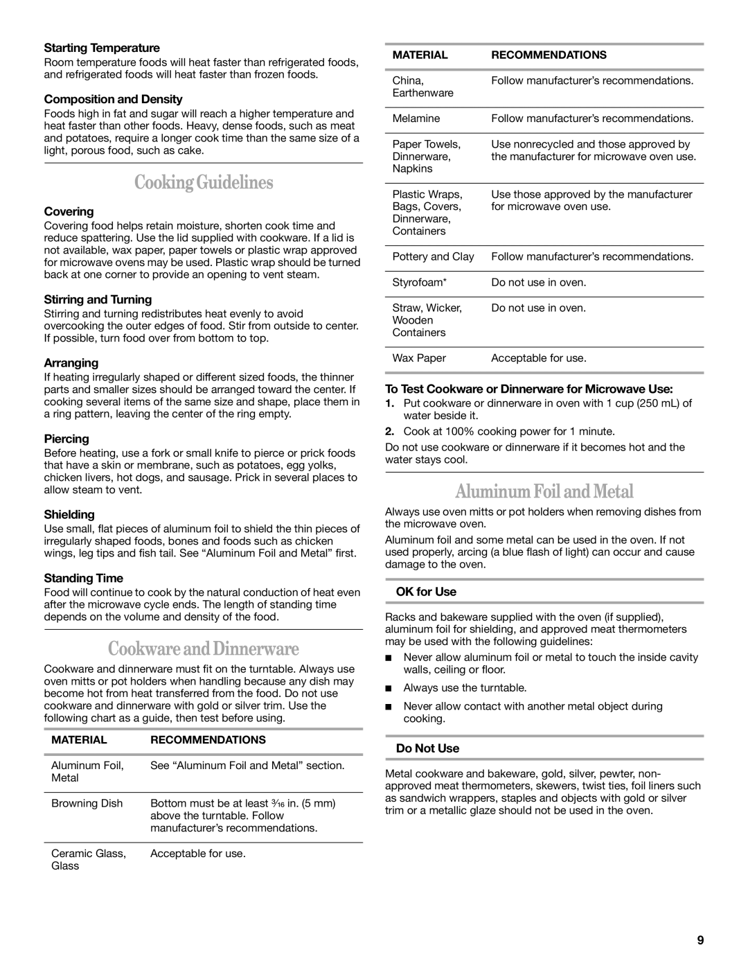 Whirlpool MH7155XM manual Cooking Guidelines, Cookware and Dinnerware, Aluminum Foil and Metal 